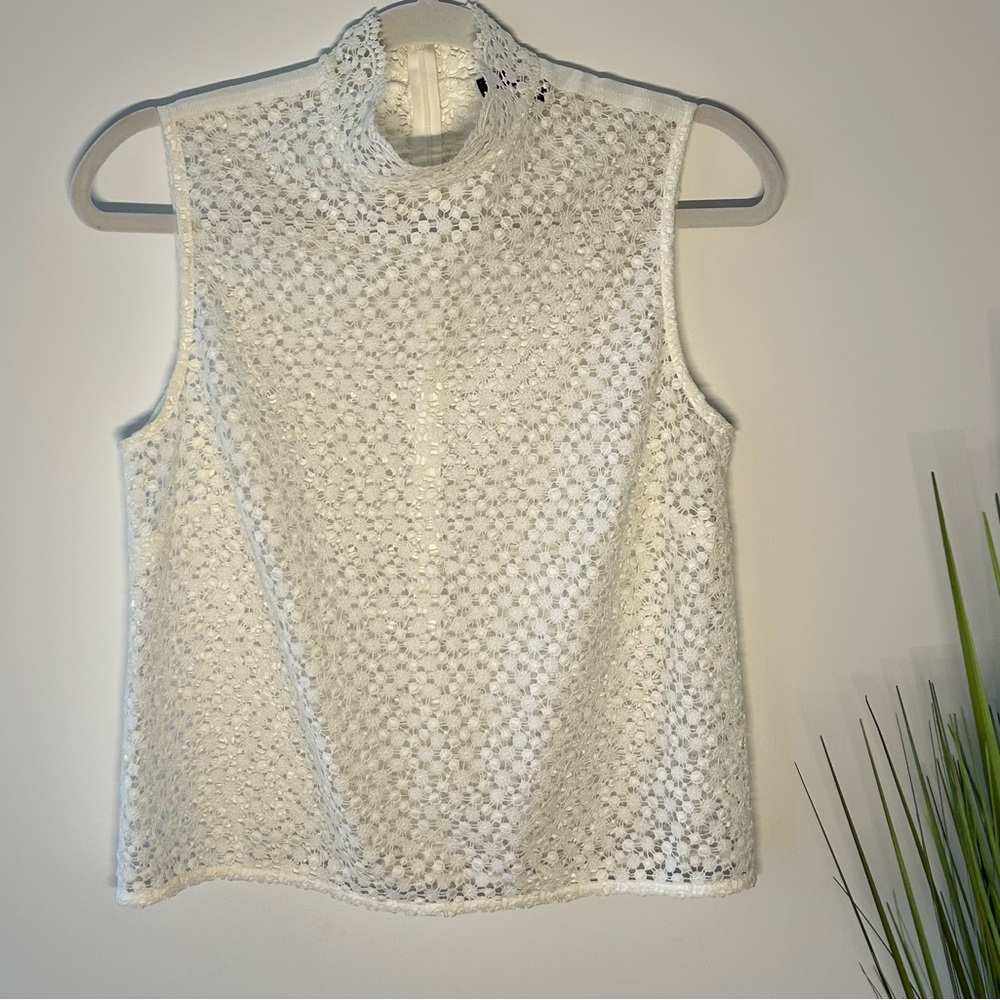 JUDITH & CHARLES White Sheer Lace Mock Neck Top, Blouse